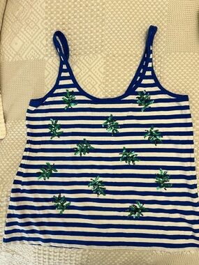 J. Crew Blue and White Striped Sequin Palm Tank Top size M